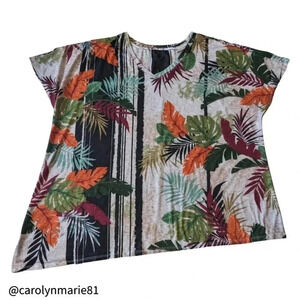 CATHERINES Asymmetric Tropical Print V Neck Top Size 2X Short Sleeve Knit